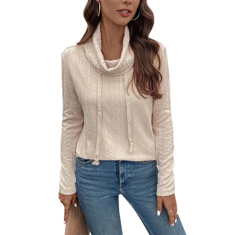 Ladies fine knit cowl neck pullover with drawstring and cable knit detail Chichicherry