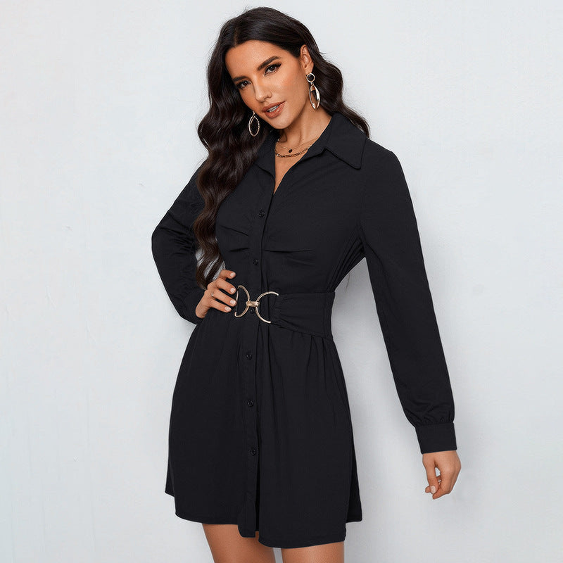 Ladies shirt blouse mini dress with waist belt and decorative metal ring Chichicherry