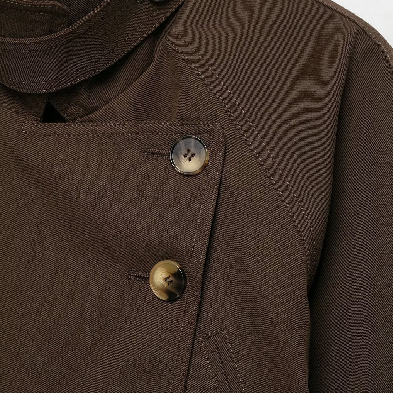 Women's short trench coat with high stand-up collar, tie belt, and asymmetrical button placket Chichicherry