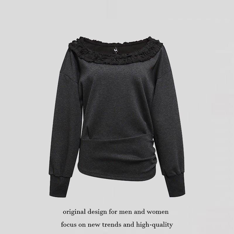 Women's sweatshirt with off-the-shoulder neckline, lace ruffle, and side gathers Chichicherry