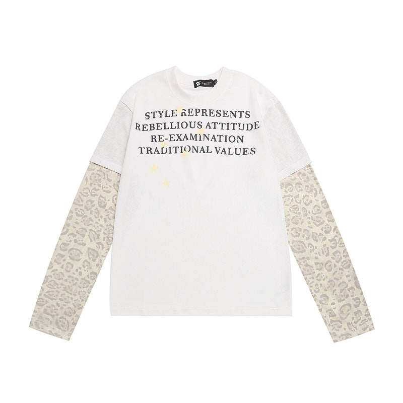 Women Layered Long Sleeve Shirt with Contrast Sleeves in Leopard Pattern and Statement Print Chichicherry