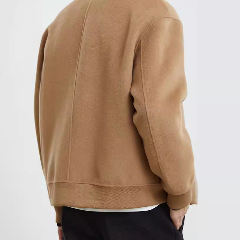 Men's Boxy Wool Blend Zip Jacket with Concealed Button Placket and Round Patch Pockets Chichicherry