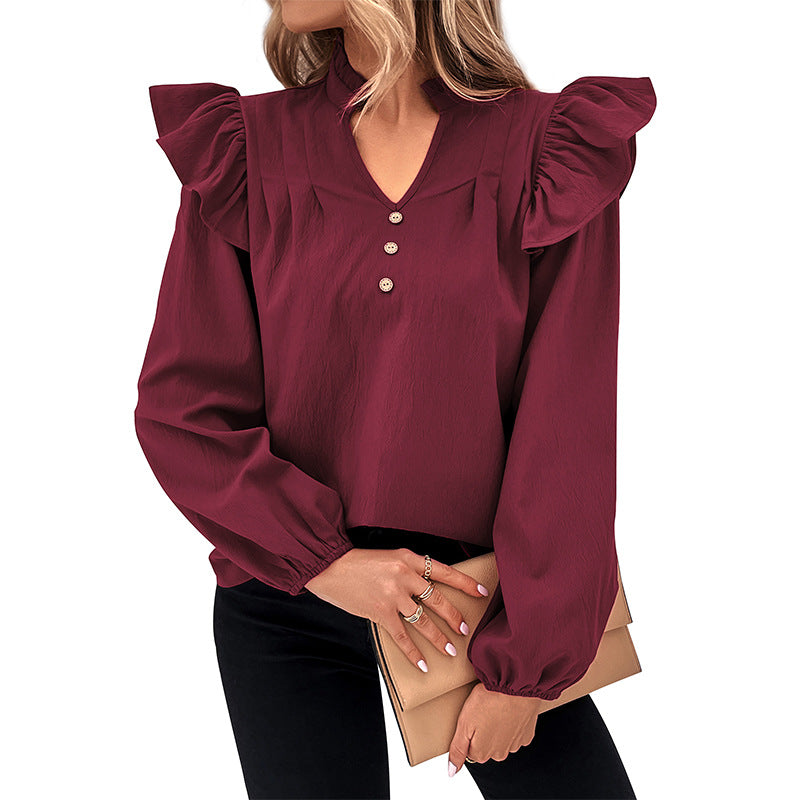 Women's Romantic Ruffled Blouse with Stand Collar, V-Neck and Balloon Sleeves Chichicherry