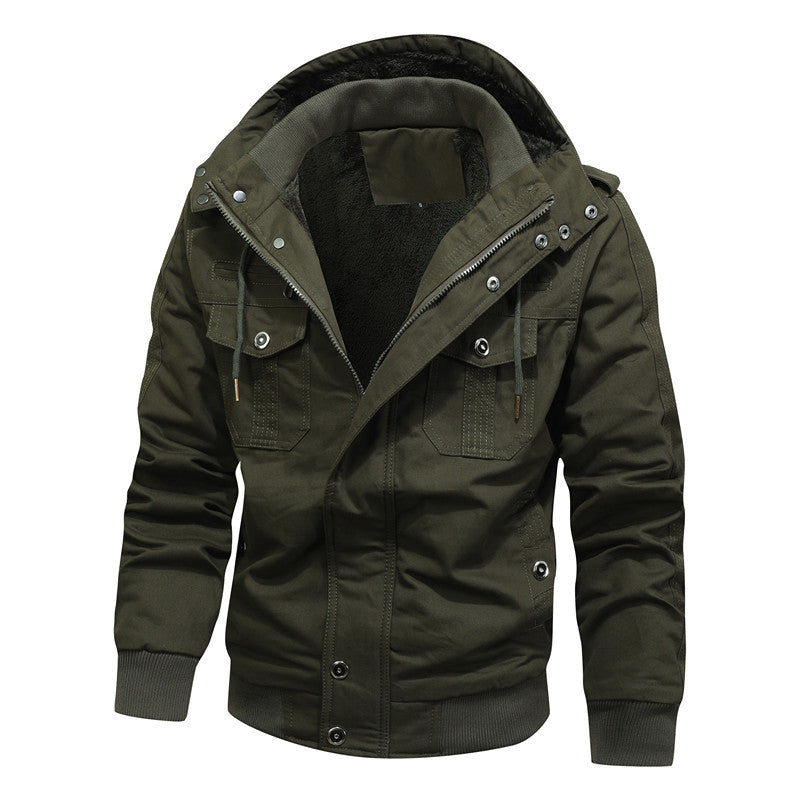 Men's Hooded Canvas Jacket with Teddy Lining and Utility Pockets Chichicherry