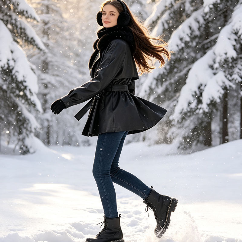 Ladies short coat made of faux leather with removable faux fur collar and waist belt Chichicherry