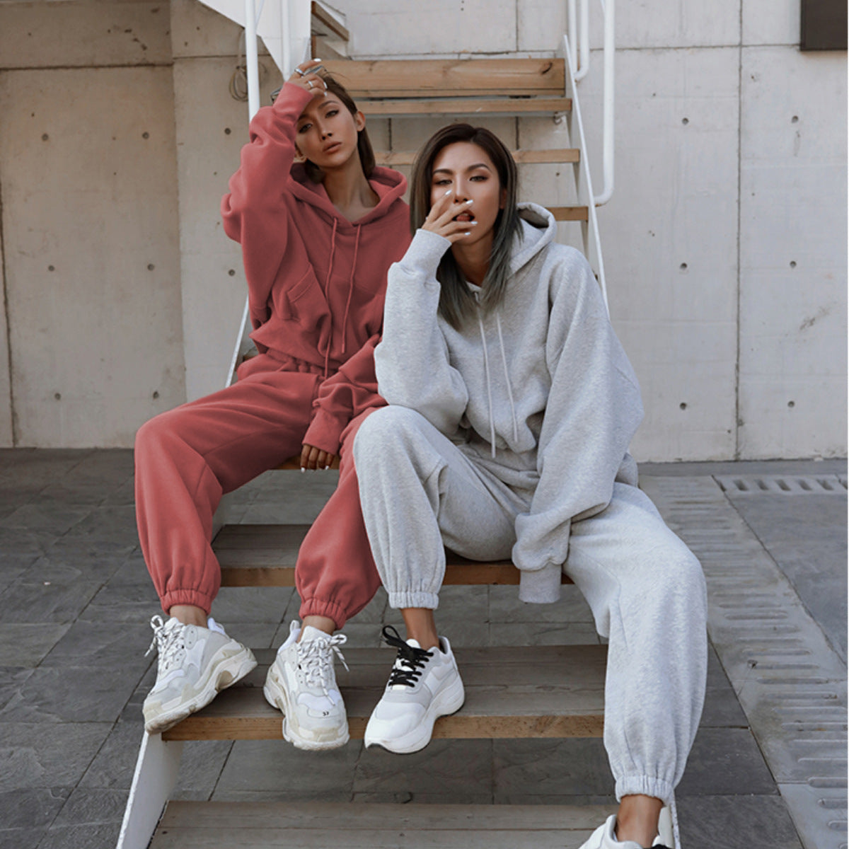 Damen Oversized Loungewear-Set aus French‑Terry mit Kapuze und High‑Waist Jogginghose Chichicherry