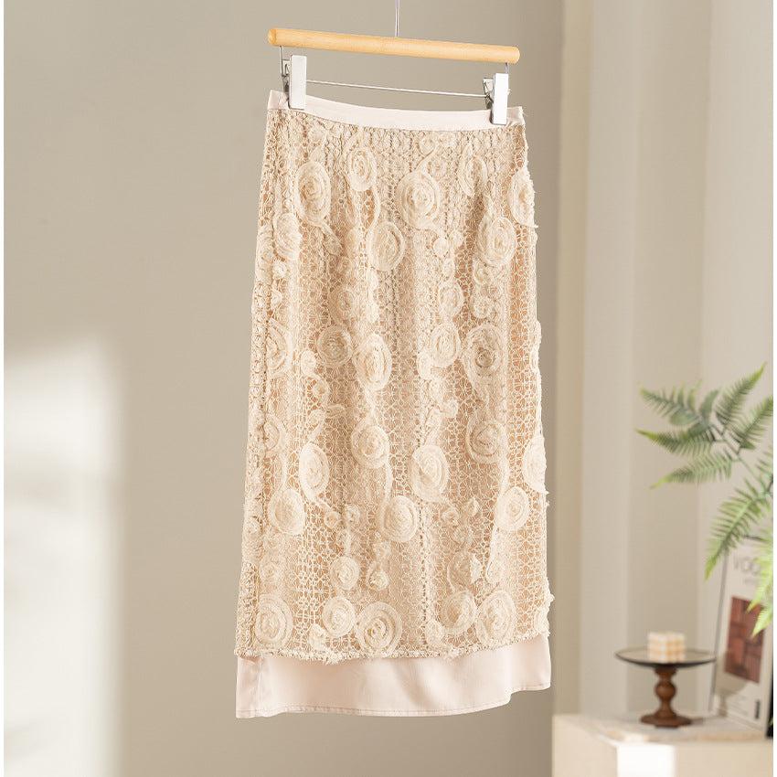 Women's lace midi skirt with floral crochet lace and opaque lining Chichicherry