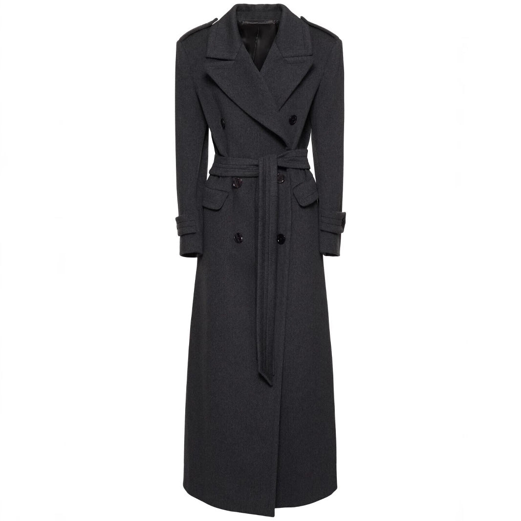 Women Long Double-Breasted Wool Coat with Waist Belt Chichicherry
