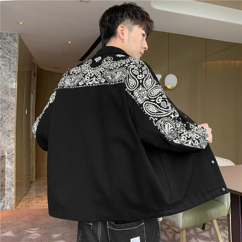 Men's Lightweight Coach Jacket with Bandana Print Sleeves and Snap Front Chichicherry