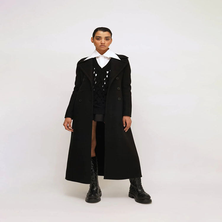 Women's Elegant Floor-Length Wool Blend Long Coat in Clean-Cut Double Breasted with Textured Shoulder Part Chichicherry
