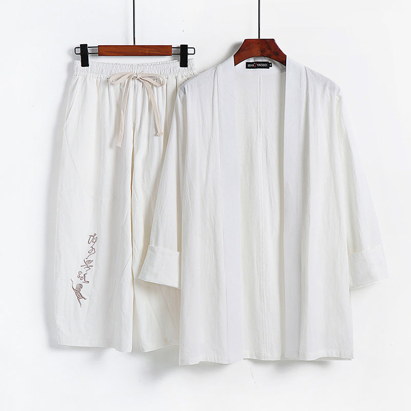 Women Kimono Set made of lightweight cotton blend open jacket with casually rolled sleeves and wide harem pants with drawstring Chichicherry