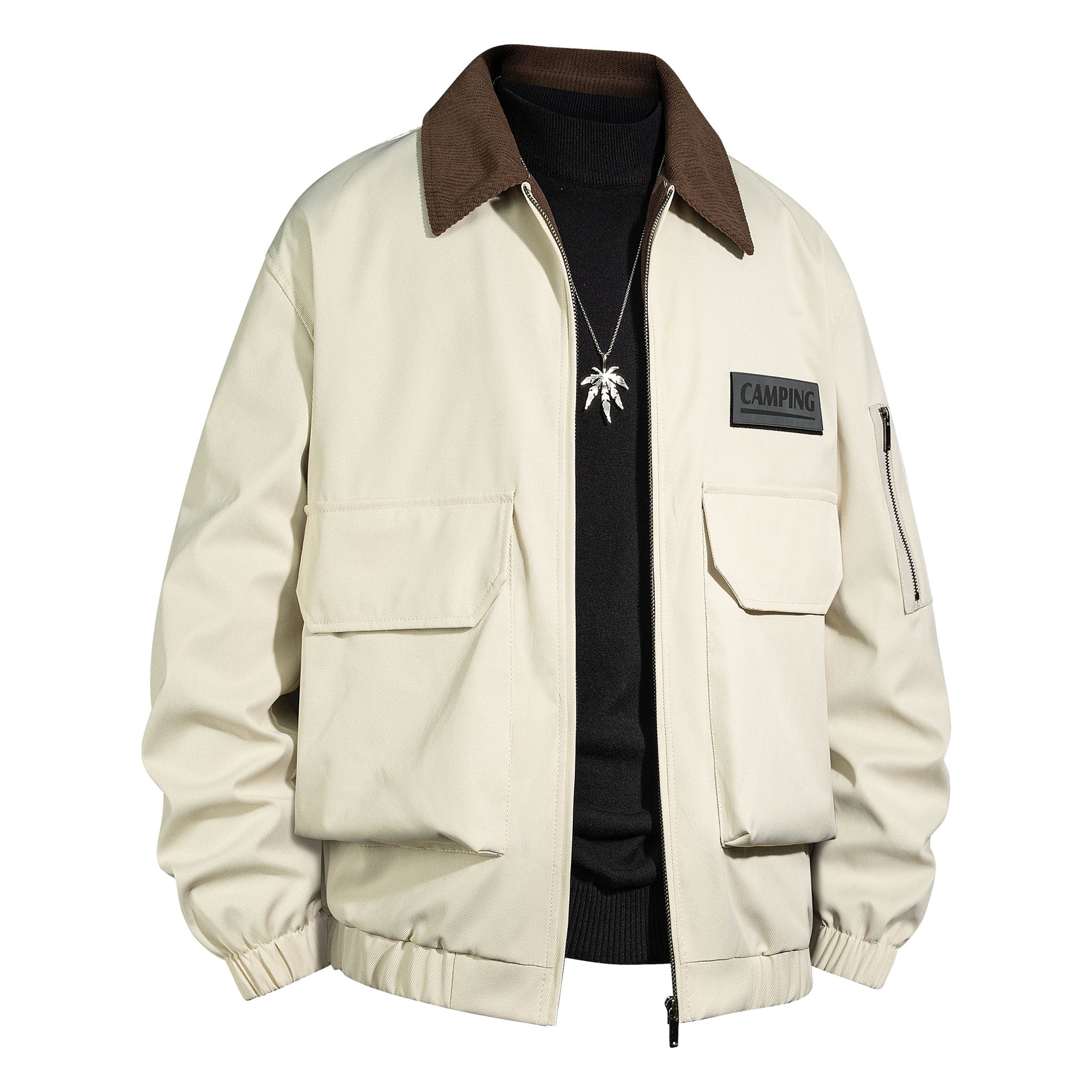 Men's Outdoor Bomber Jacket with Cord Collar and Multifunction Pockets Chichicherry