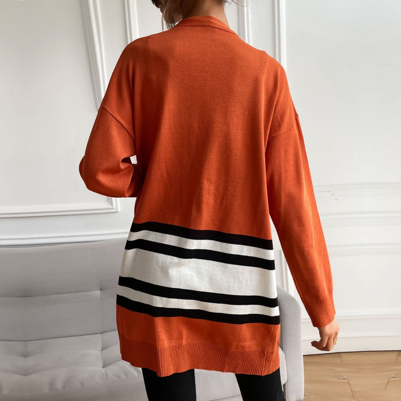 Women's mid-length open fine-knit cardigan with color block stripes and patch pockets Chichicherry
