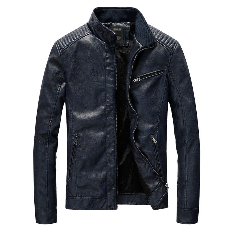 Men's Faux Leather Moto Jacket with Stand Collar, Quilted Shoulders and Warm Inner Lining Chichicherry