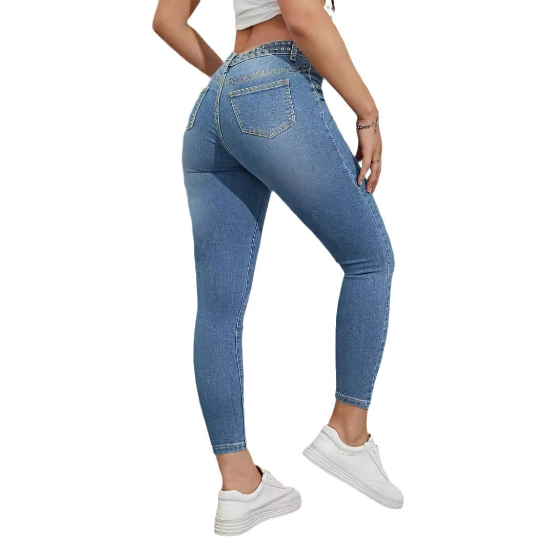 Ladies high-waisted skinny jeans with rhinestone embellishments and ankle-length cut Chichicherry