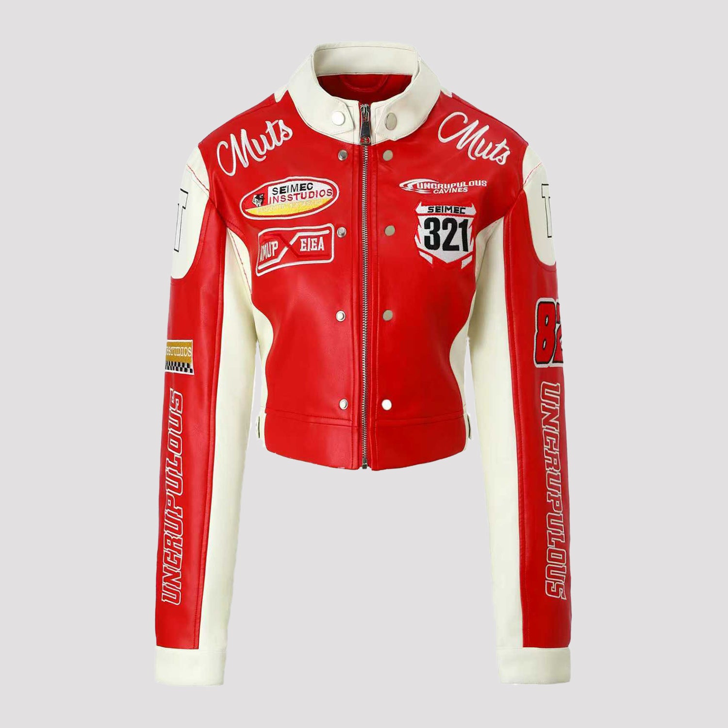 Women's Biker Jacket in Racing Look with Embroidered Patches and Contrasting Sleeves Chichicherry