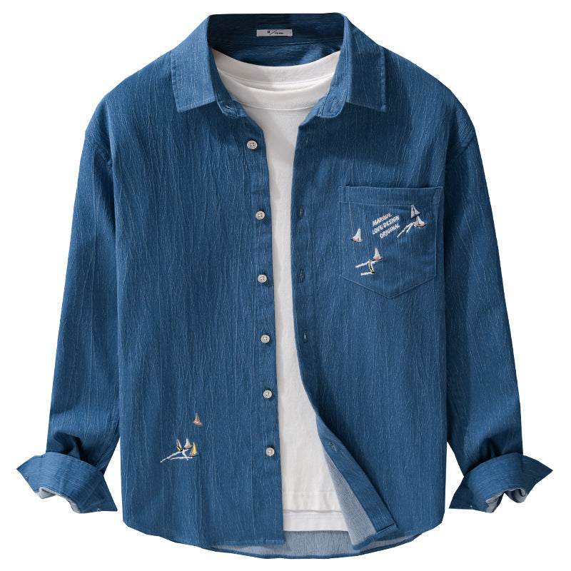 Men's Textured Chambray Overshirt with Maritime Embroidery and Chest Pocket Chichicherry