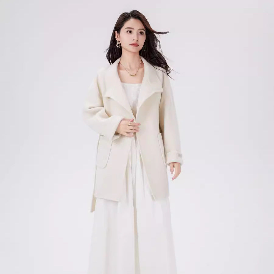 Women's Short Wrap Wool Coat with High Button Placket and Patch Pockets Chichicherry