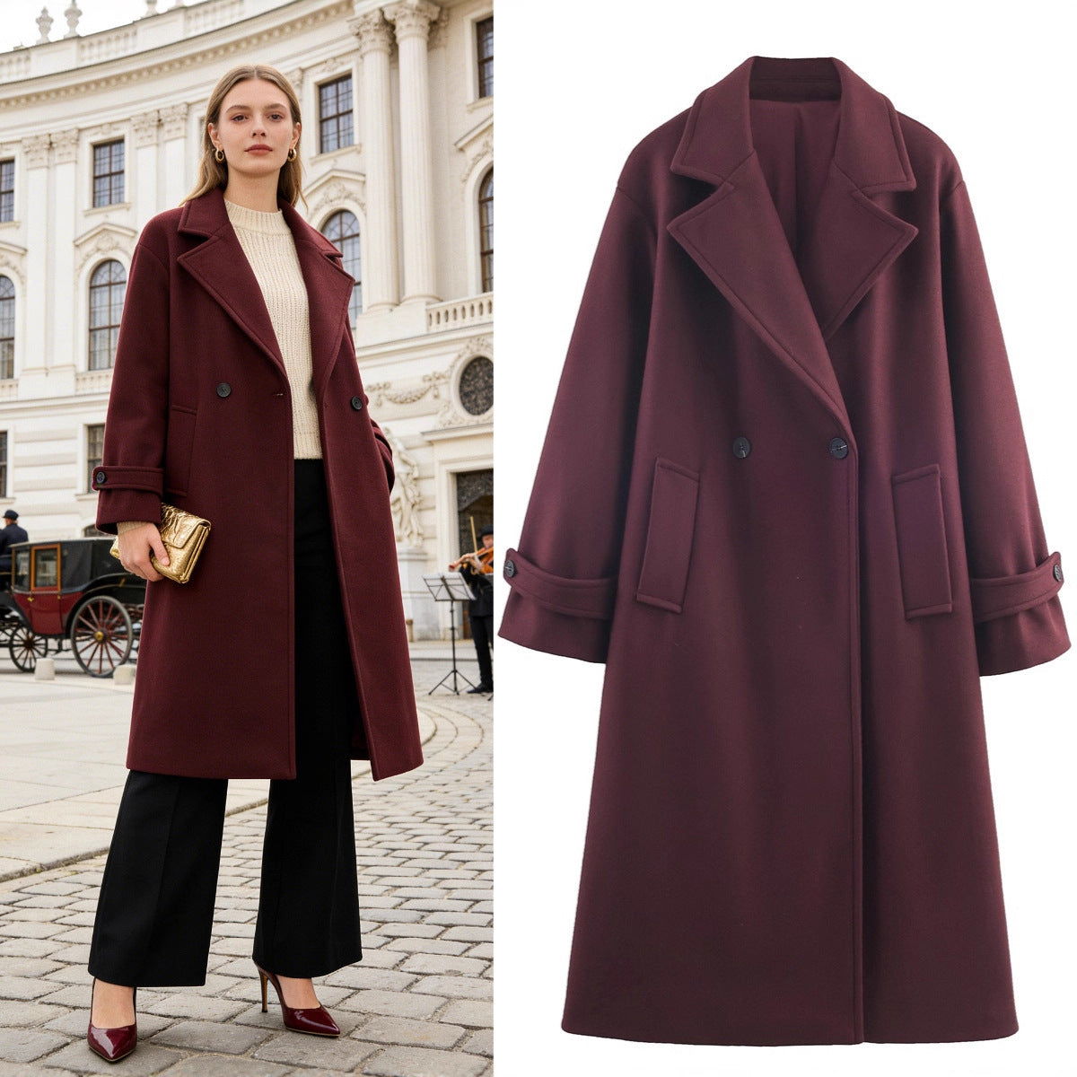 Women Oversized Wool Blend Coat with Double-Breasted Closure, Wide Lapels and Sleeve Tabs Chichicherry