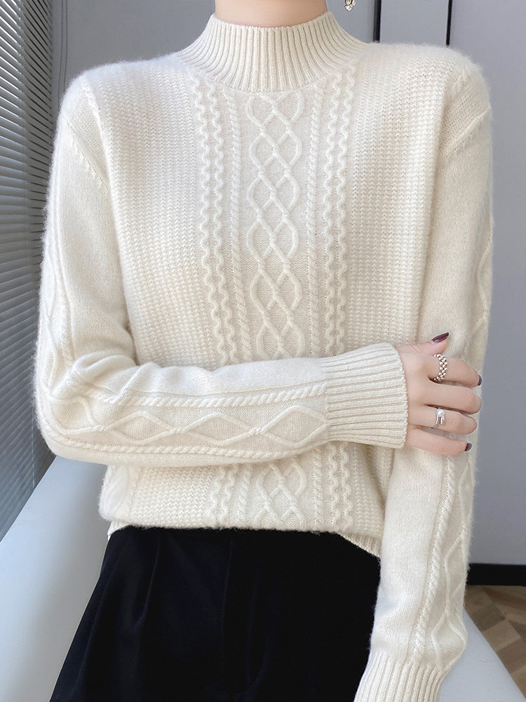 Women's Soft Cable Knit Mock Neck Sweater with Light Mohair Effect Chichicherry