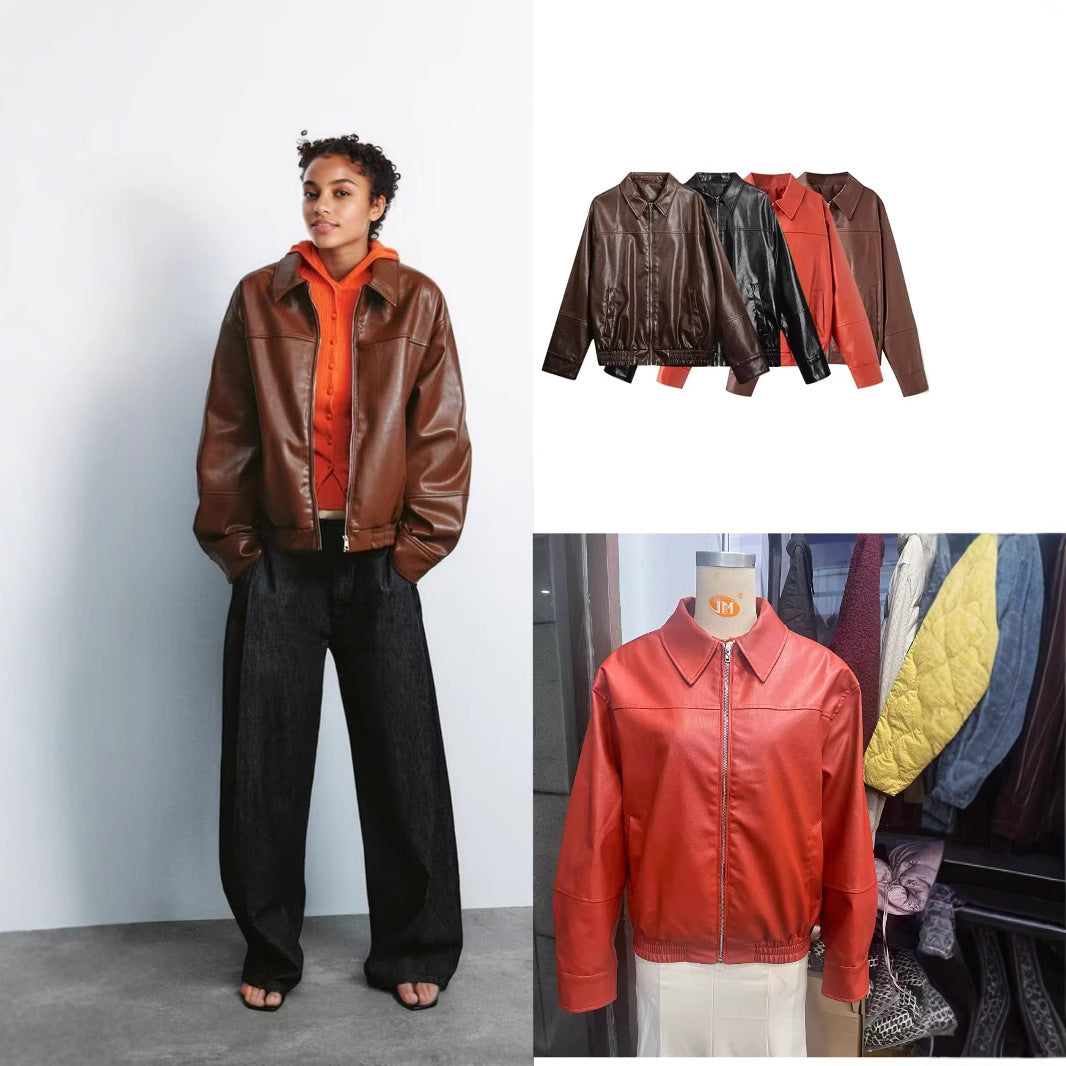 Women Boxy Faux Leather Blouson Jacket with Shirt Collar, Zipper and Elastic Hem Chichicherry