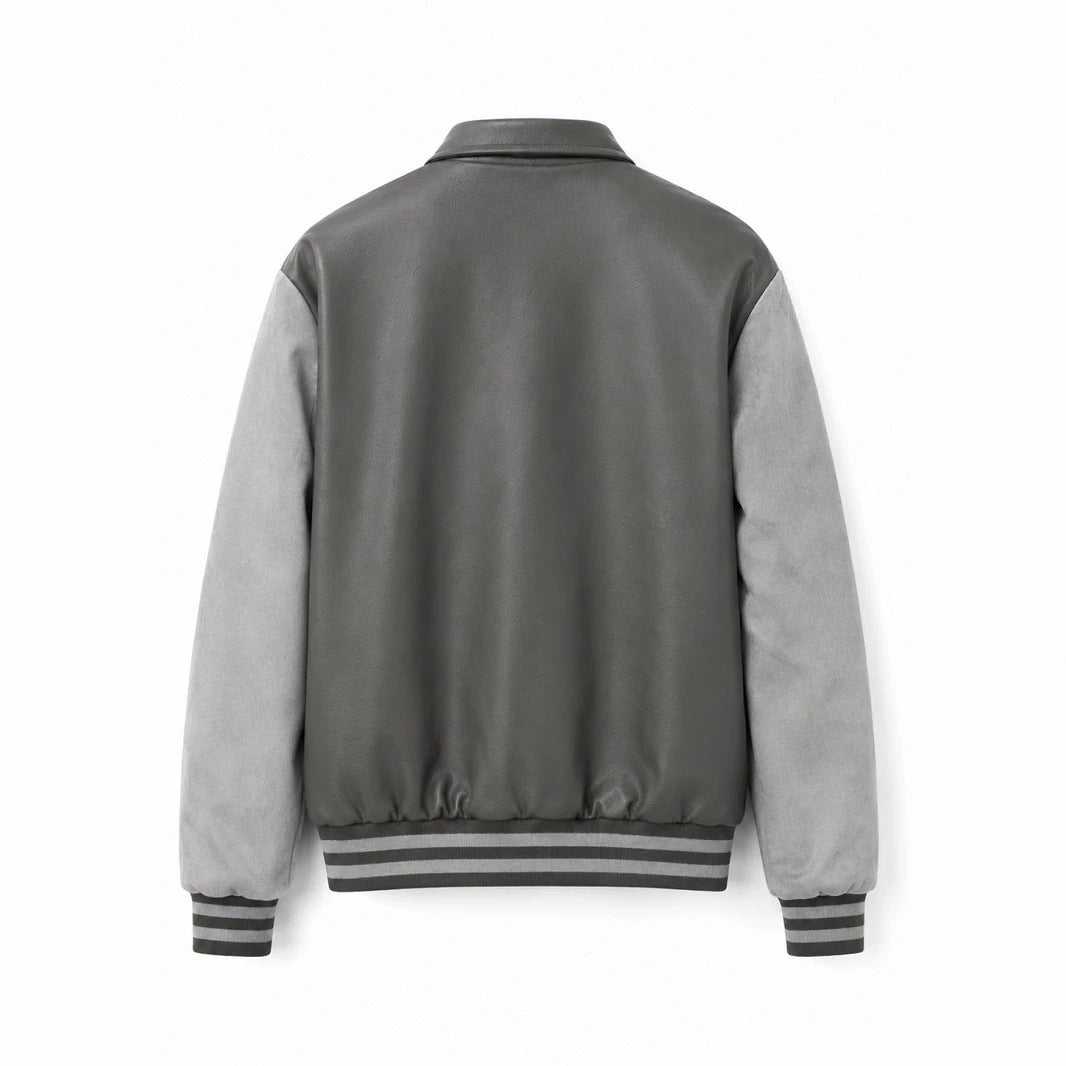 Men's varsity bomber jacket in collegiate style with faux leather body, suede look sleeves and embroidered patches Chichicherry