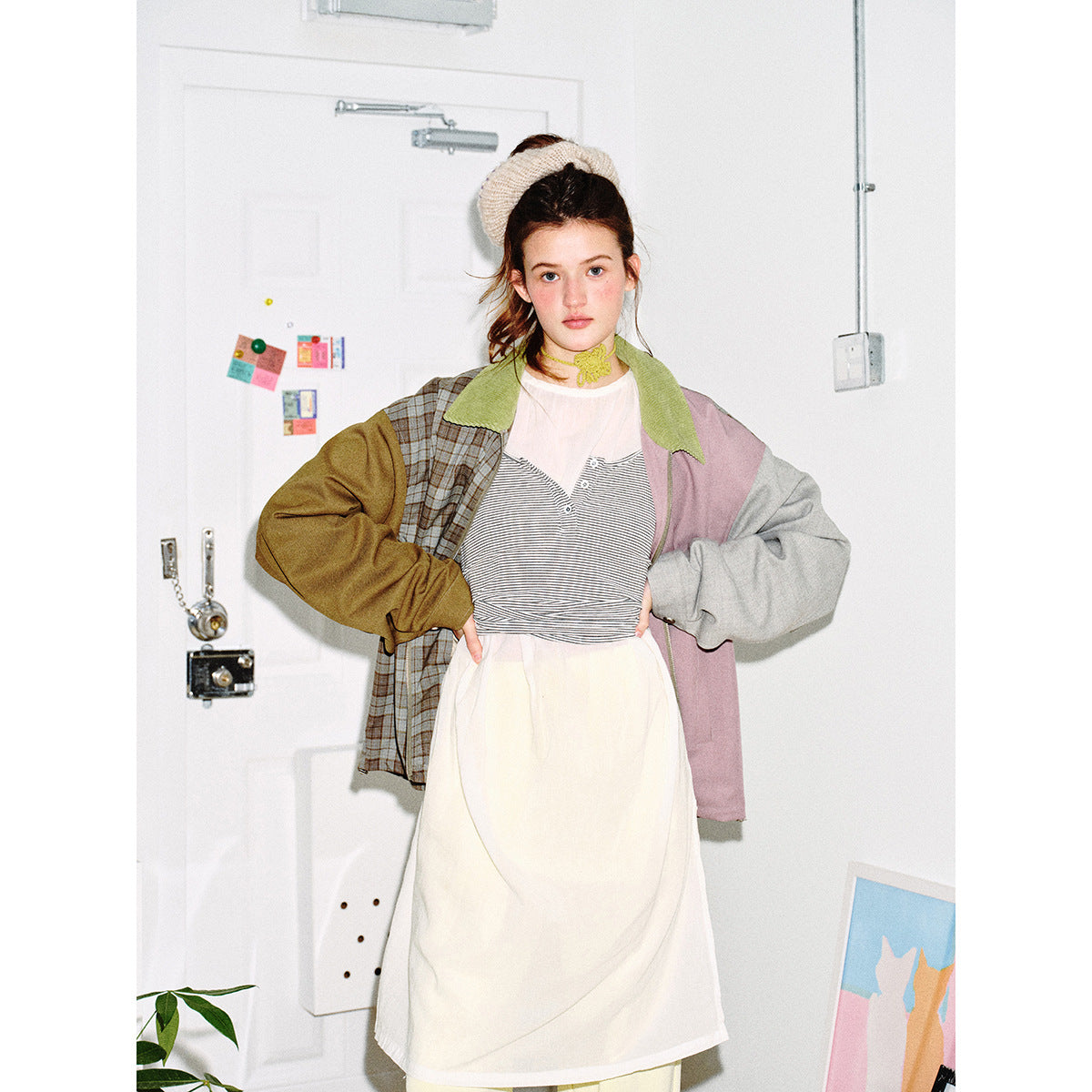 Women's Patchwork Blouson Jacket in Boxy Cut with Cord Collar Chichicherry