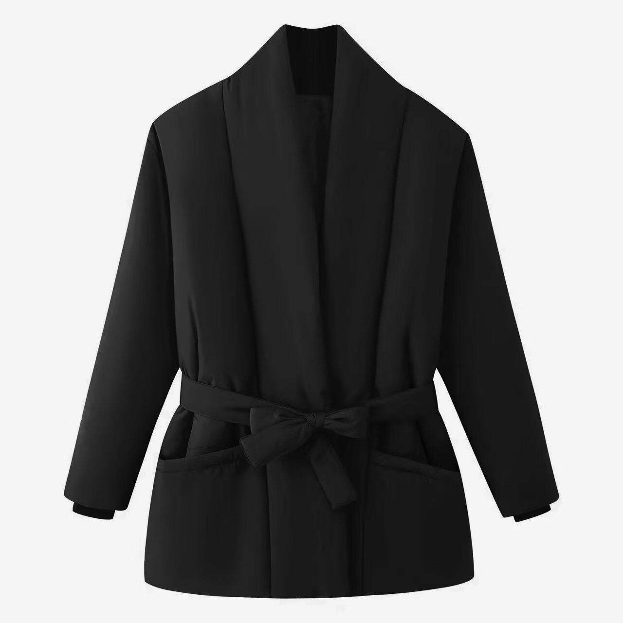 Women's Short Quilted Padded Jacket with Shawl Collar and Waist Belt Chichicherry