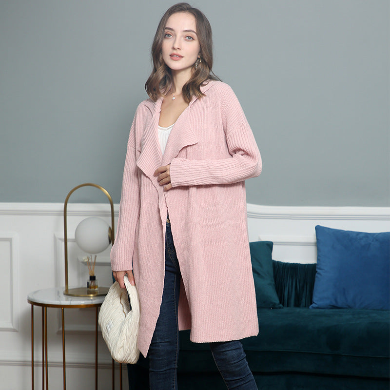 Women's longer open ribbed knit cardigan with wide shawl collar Chichicherry
