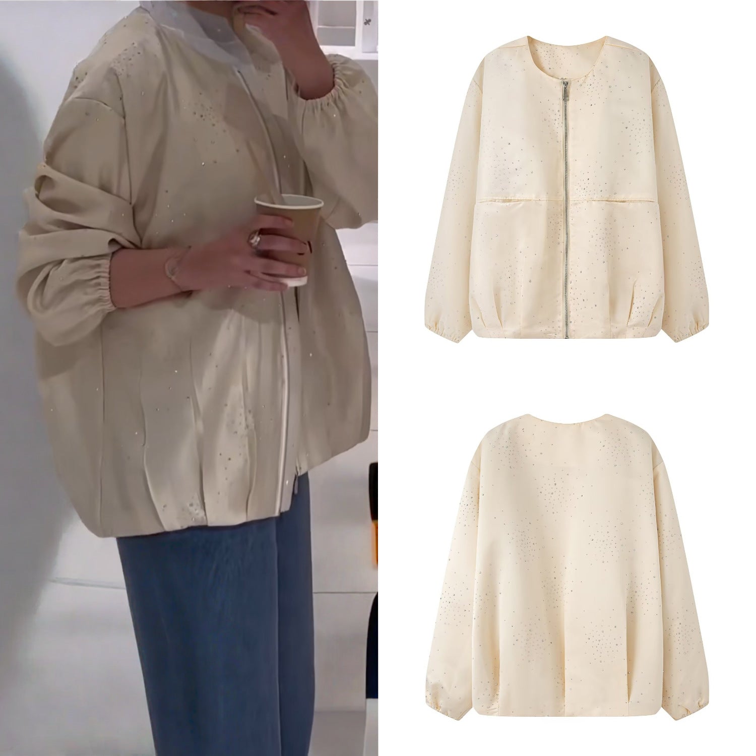 Women's Shiny Bomber Jacket with Decorative Stone Trim and Elastic Hem Chichicherry
