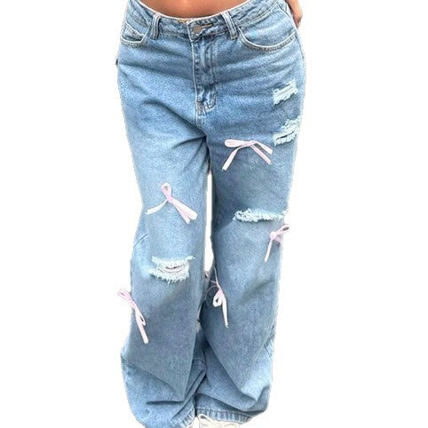 Women High-Waist Baggy Jeans with Vintage Wash, Rips and Pink Bow Applications Chichicherry