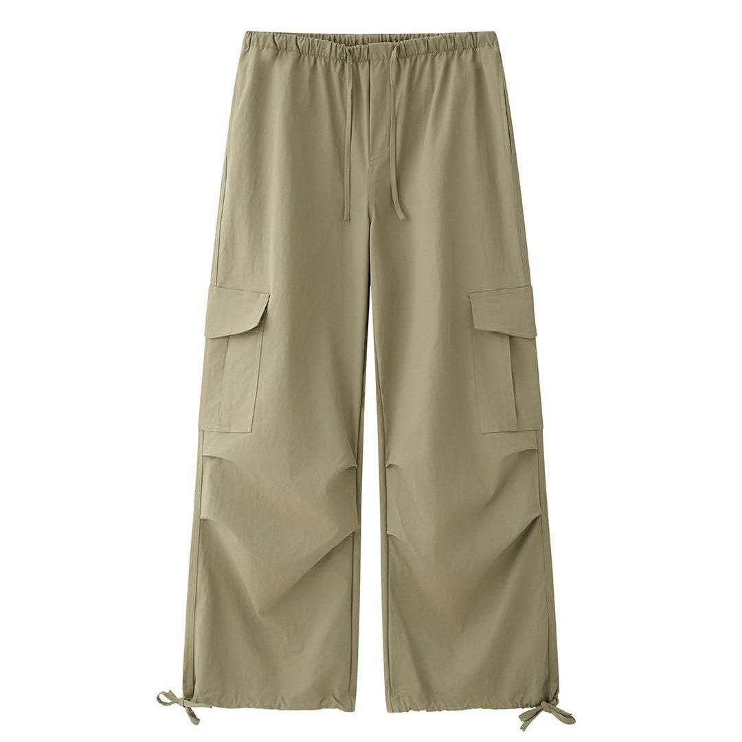 Women's Wide Cargo Baggy Pants with Drawstring Waist and Large Flap Pockets Chichicherry