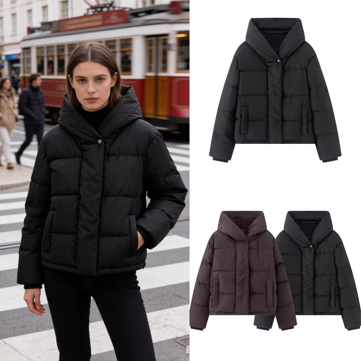 Women's short quilted puffer jacket with high stand-up collar and concealed button placket Chichicherry