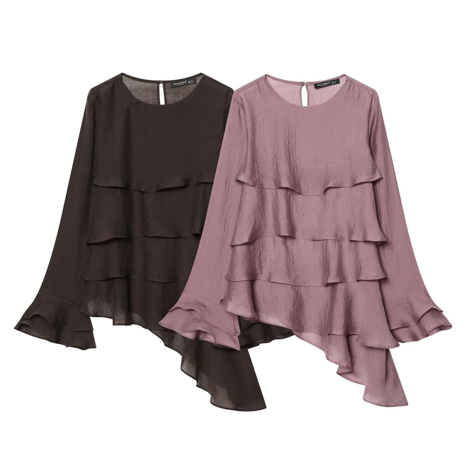 Women's Layered Look Chiffon Blouse with Ruffles and Asymmetrical Hem Chichicherry