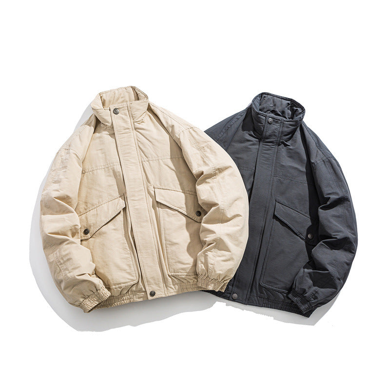 Men's Boxy Utility Bomber Jacket with Stand-Up Collar and Flap Pockets Chichicherry