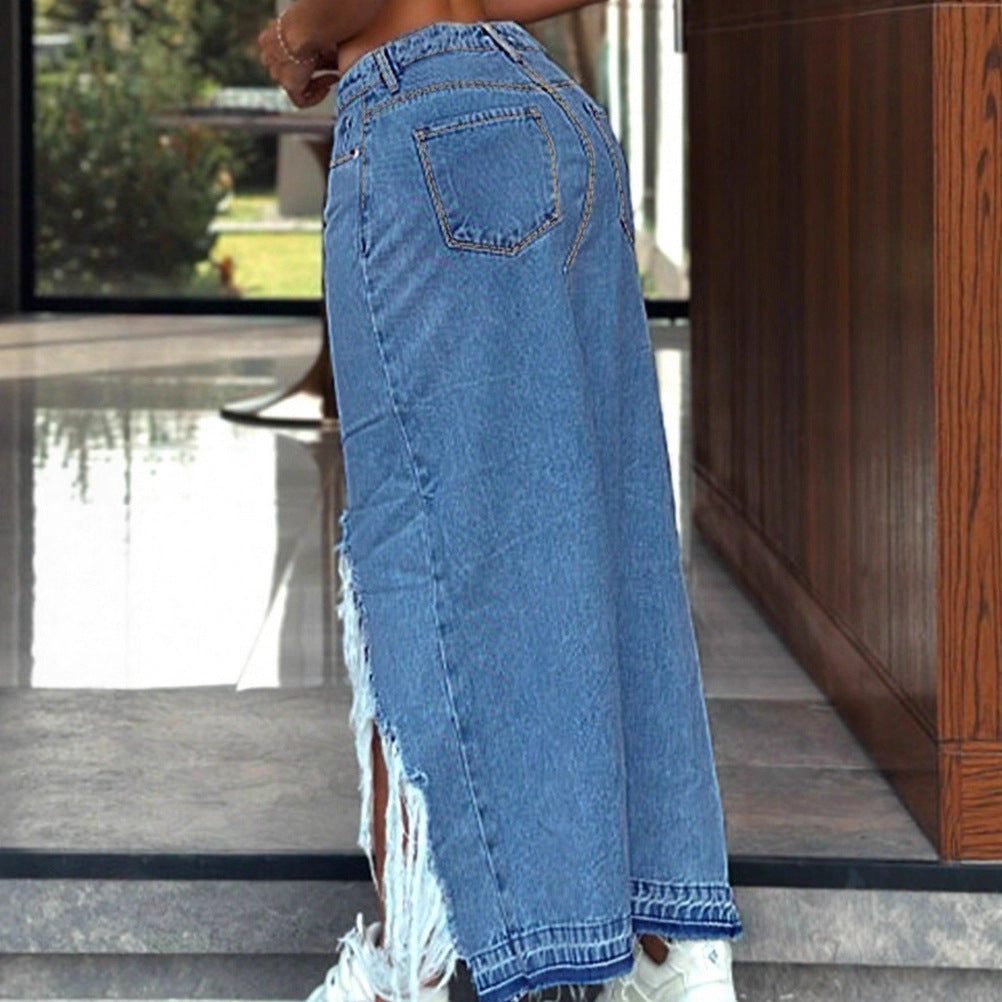Women's High-Cut Denim Midi Skirt with Deep Front Slit, Destroyed Detail and Raw Fringe Hem Chichicherry