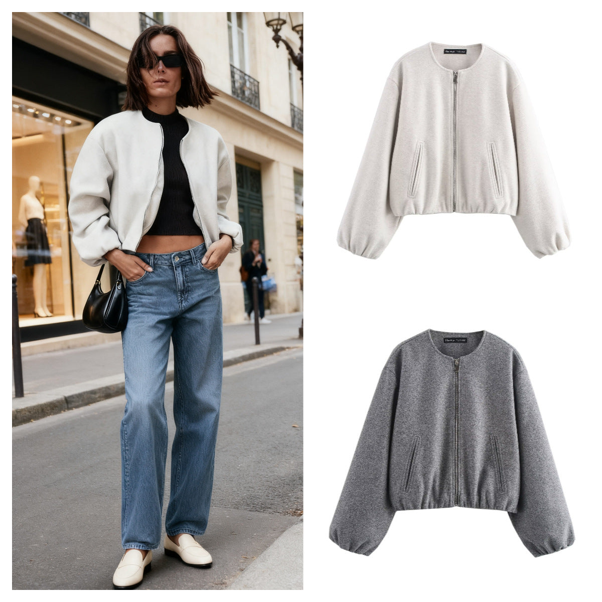 Ladies short-cut suede-look bomber jacket with round neck and balloon sleeves Chichicherry