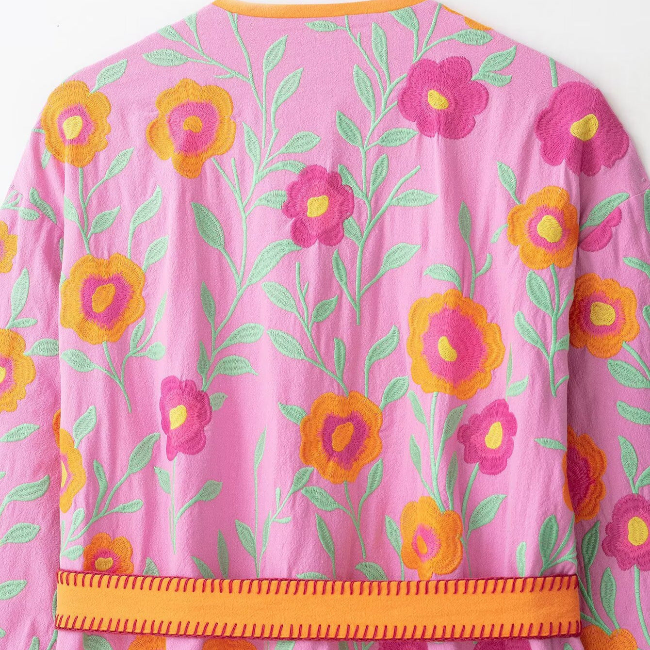 Women's Embroidered Kimono Jacket with Waist Tie Belt and Floral Embroidery Chichicherry