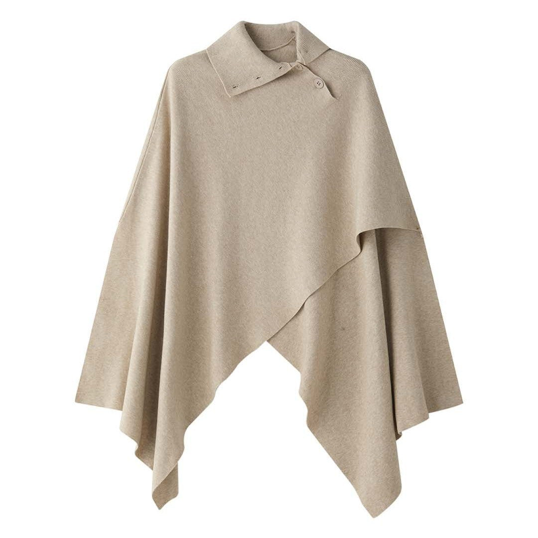 Women's Asymmetrical Knit Poncho with Button Collar and Oversized Silhouette Chichicherry