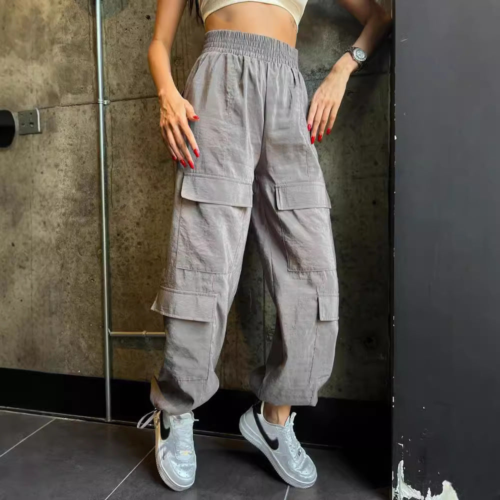 Damen Cargo-Haremshose mit hoher elastischer Taille und aufgesetzten Klappentaschen Chichicherry