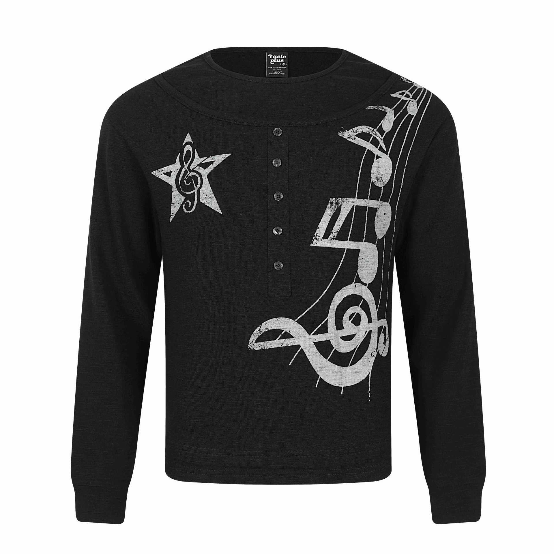 Women's long sleeve shirt in Henley style with musical print and round neckline Chichicherry