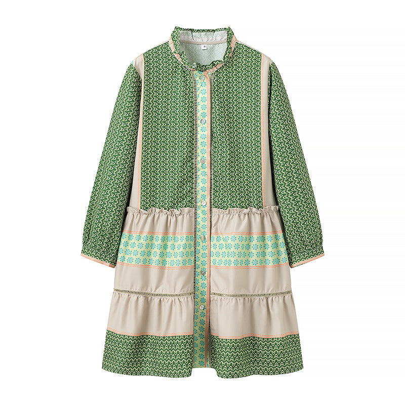 Ladies Printed Midi-Length Coat Dress with Ruffle Collar and Tiered Skirt Chichicherry