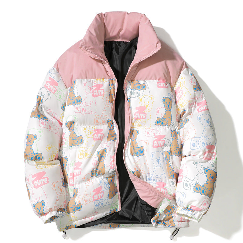 Unisex Quilted Teddy-Print Puffer Jacket with High Collar Chichicherry