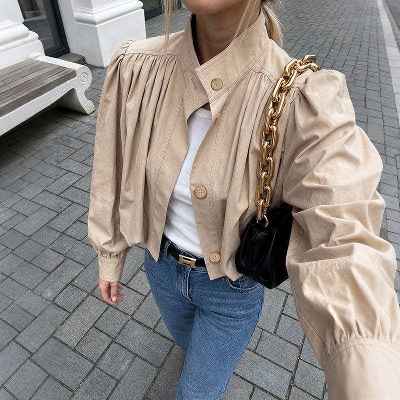 Women Light Short Jacket with Balloon Sleeves, Puff Shoulders & Elastic Hem Chichicherry