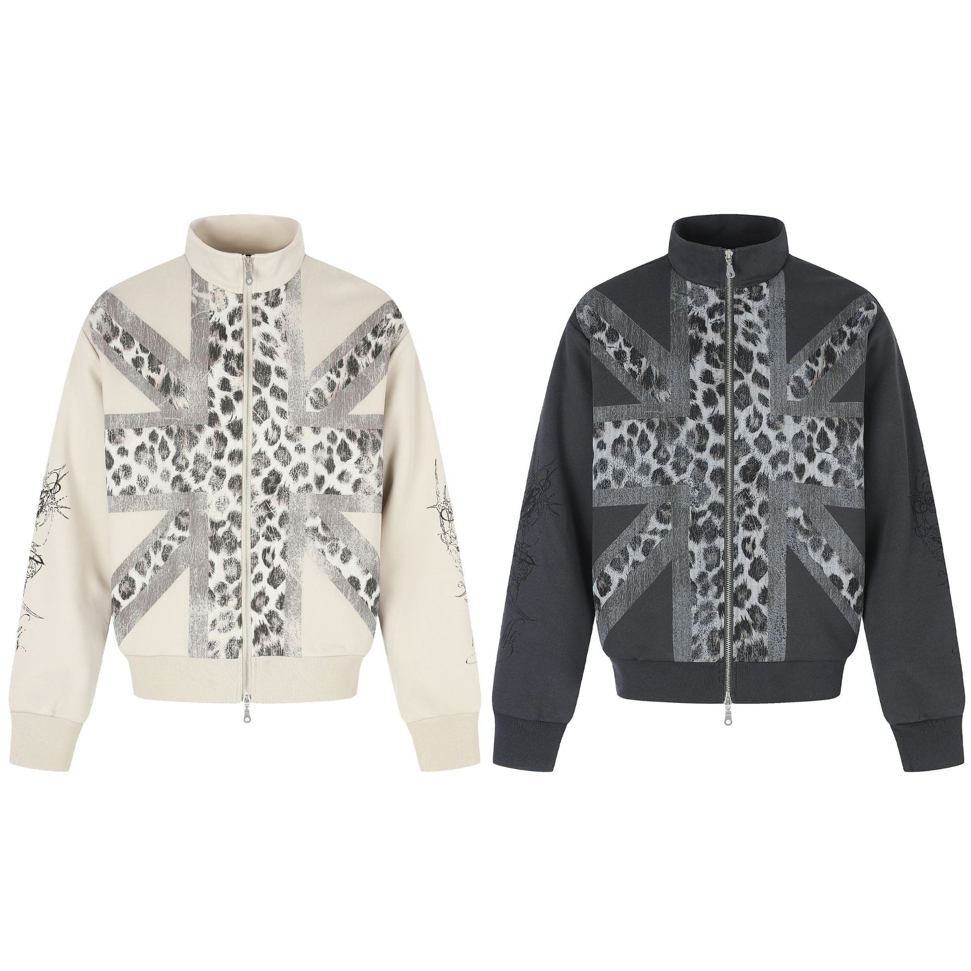 Women's Oversized Sweat Jacket with Stand-up Collar and Leopard Print Chichicherry