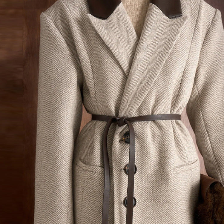 Women Tailored Wool Blend Coat with Herringbone Texture, Contrast Leather Collar and Leather Belt Chichicherry