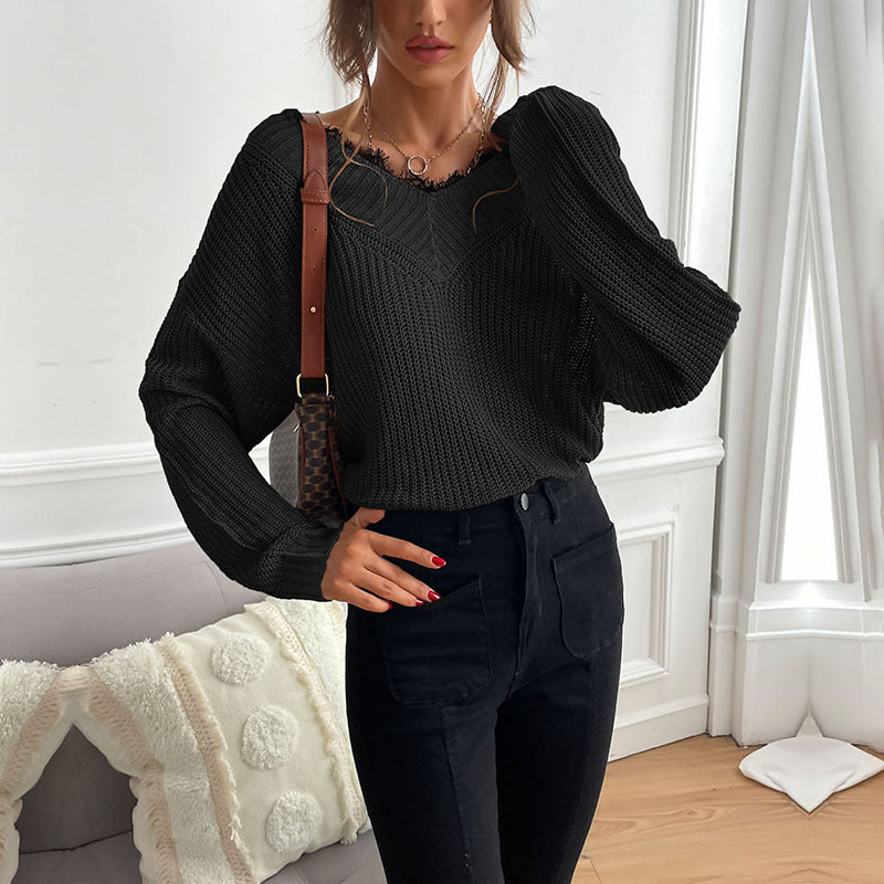 Women Oversize V-Neck Structured Knit Sweater with Dropped Shoulder and Loose Silhouette Chichicherry