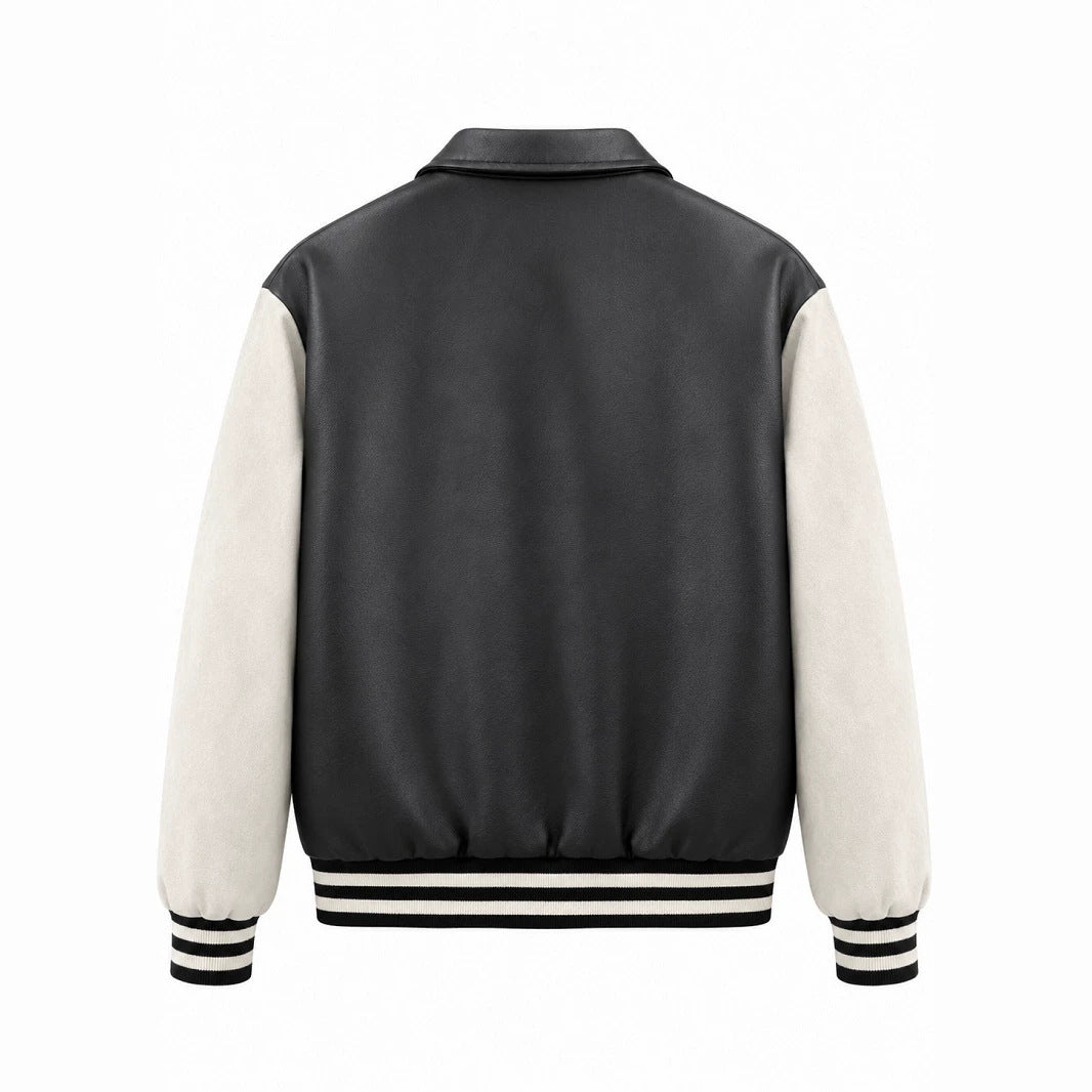 Men's Retro Style Letterman Jacket with Faux Leather Body and Suede Sleeves Chichicherry