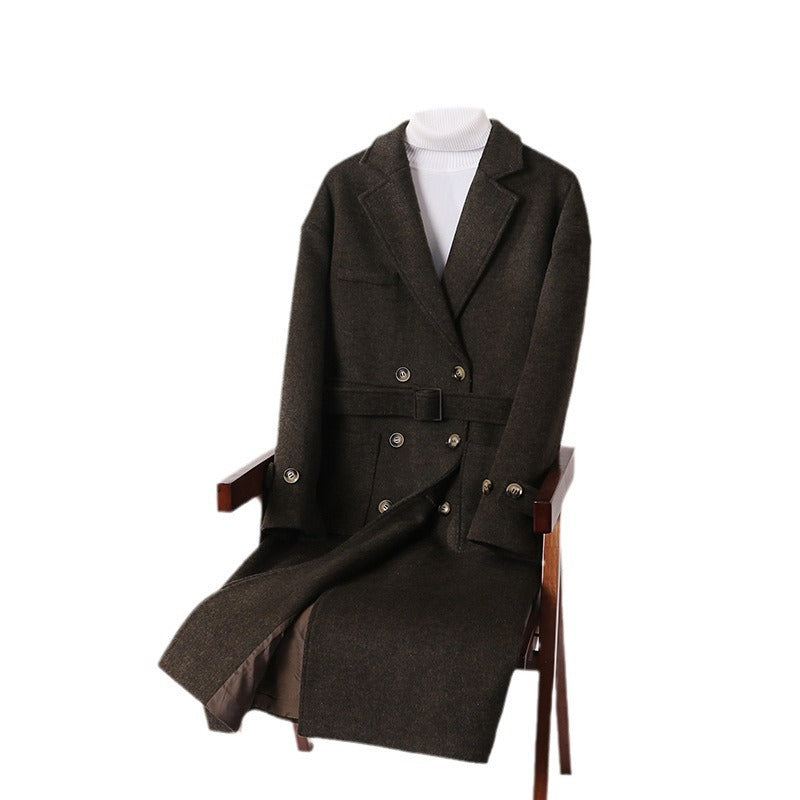 Men's Double-Breasted Wool Blend Long Coat with Notched Lapels and Flap Pockets Chichicherry