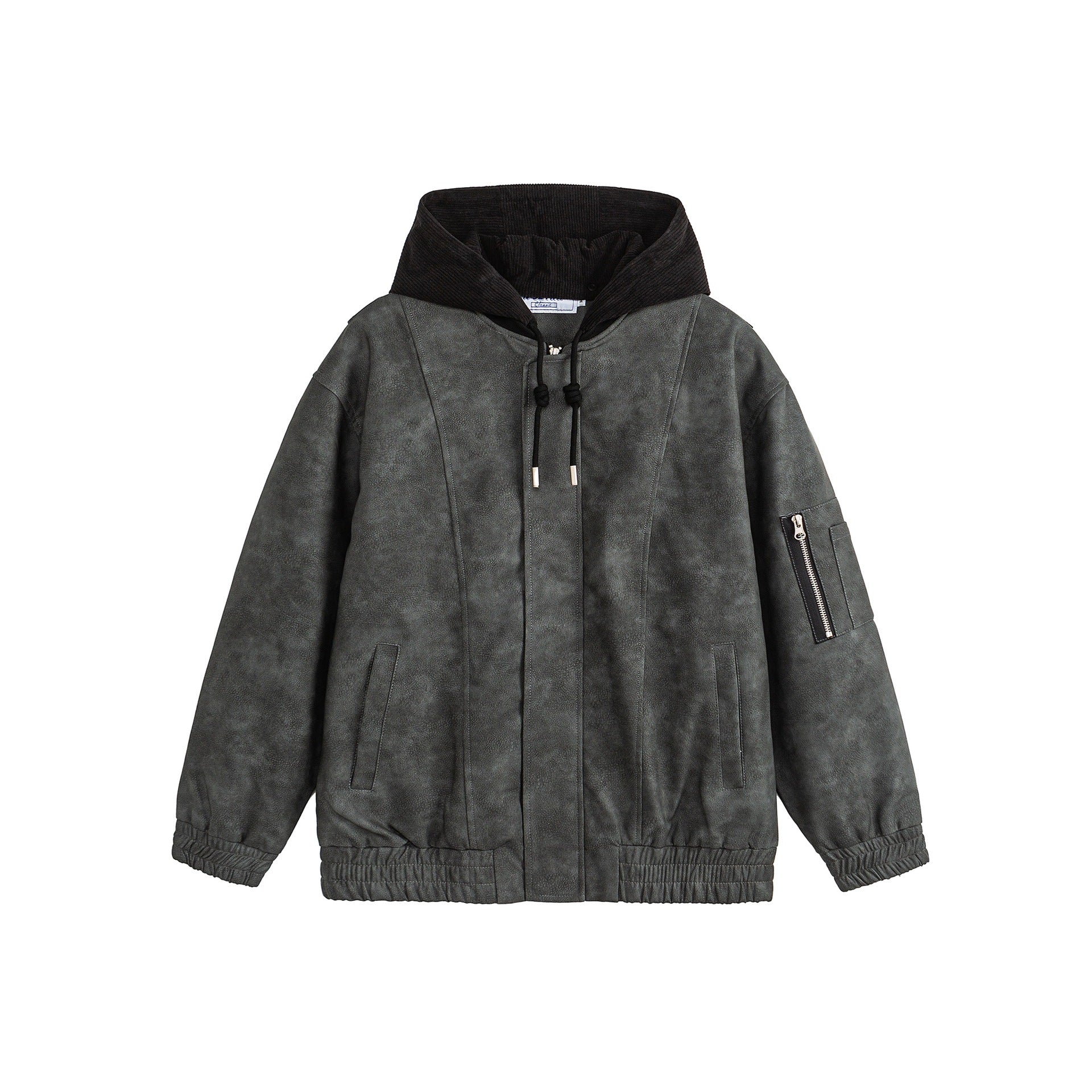 Unisex Boxy-padded Hooded Bomber Jacket with Velour Look, Cord Collar and Sleeve Zipper Chichicherry